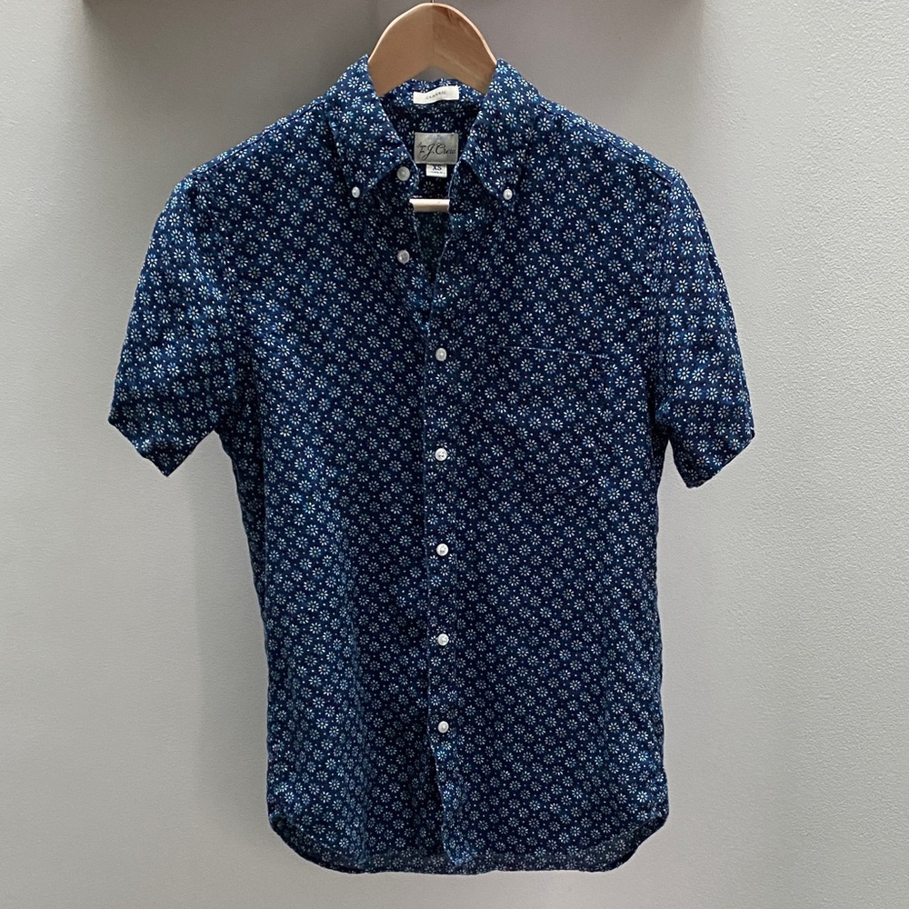 J. Crew Men's Linen Short-Sleeve Button-Down Shirt - Navy Floral Pattern